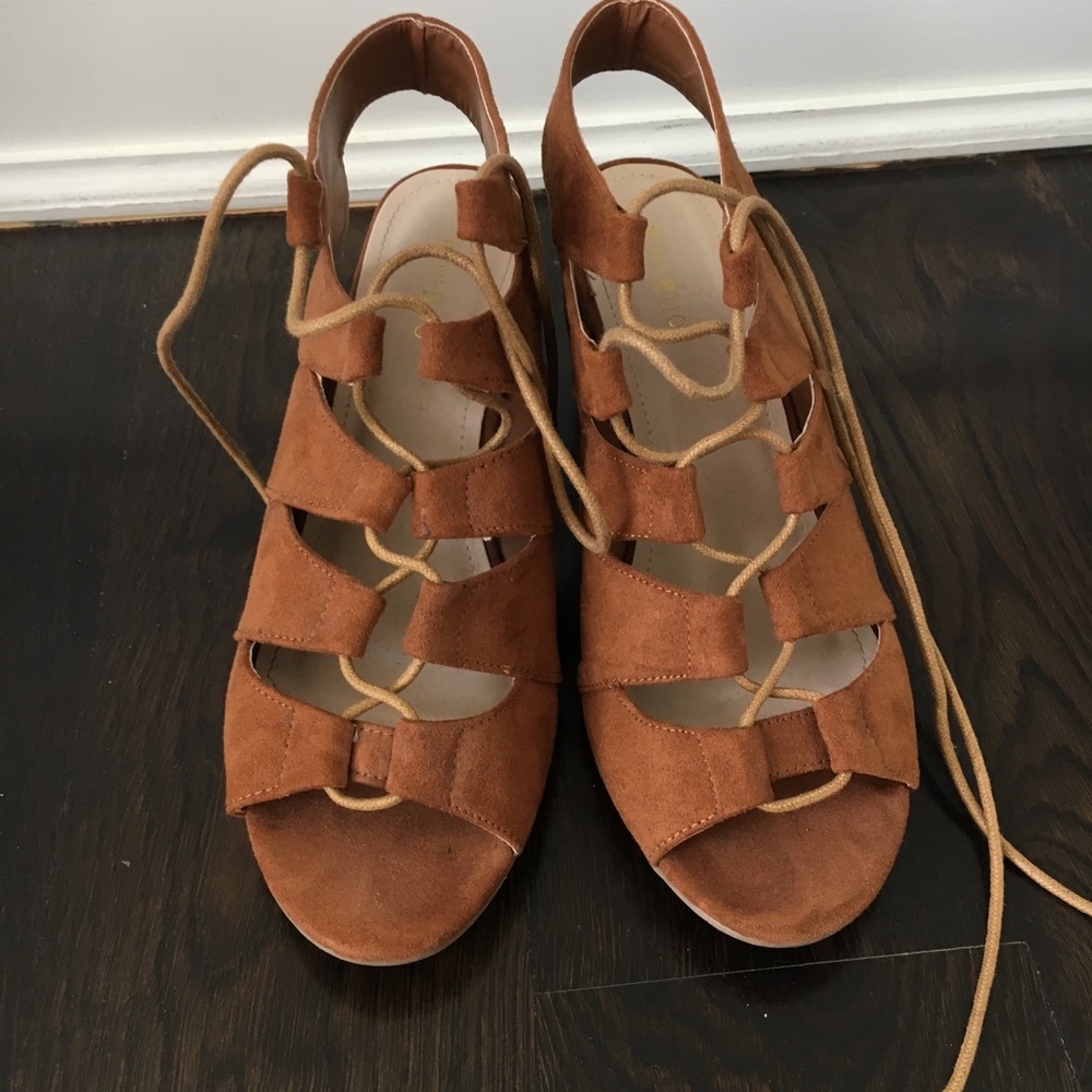 Light brown suede caged lace up block heels sandal
